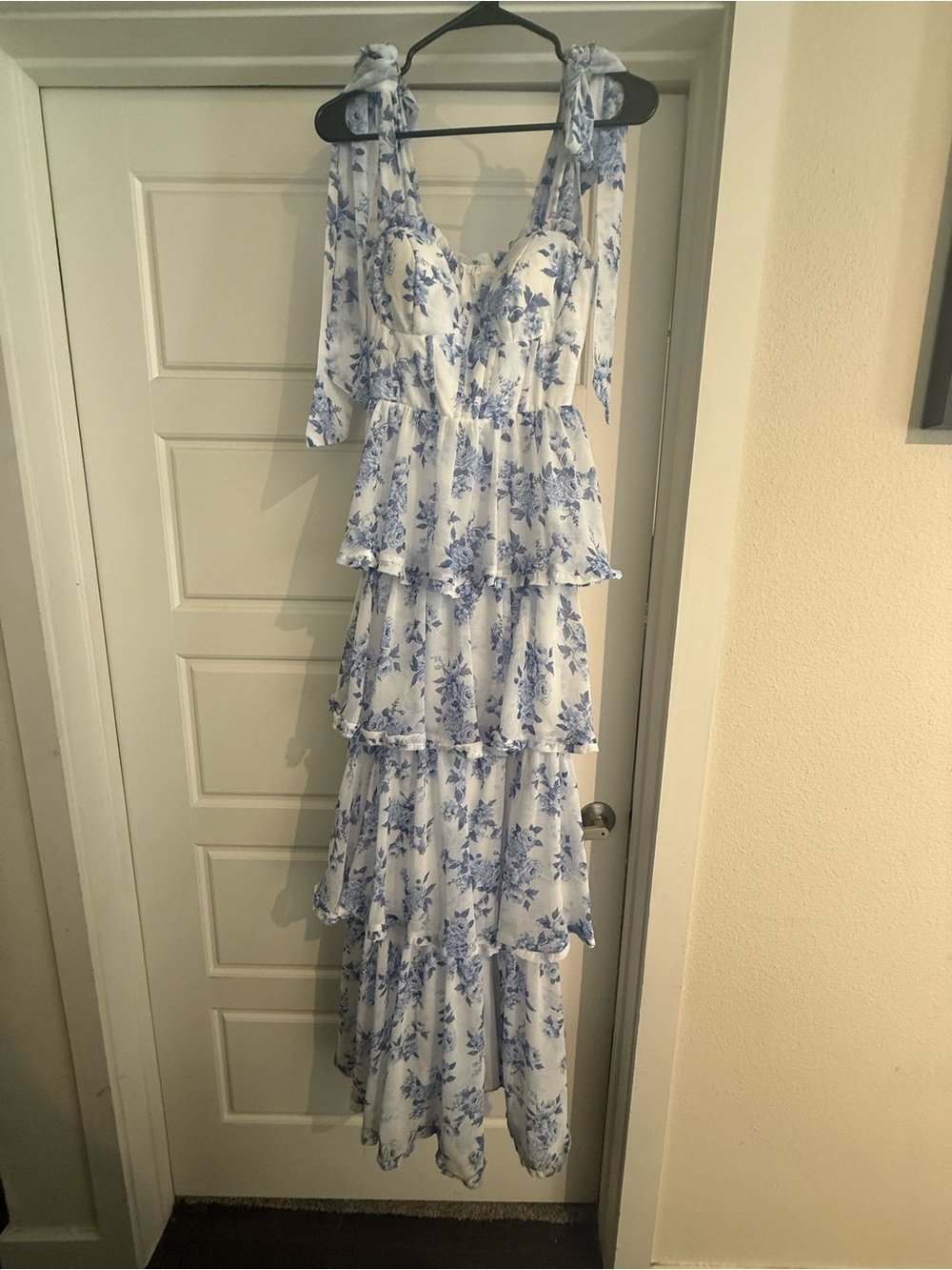 B Darlin White Maxi Dress with Blue Floral Print